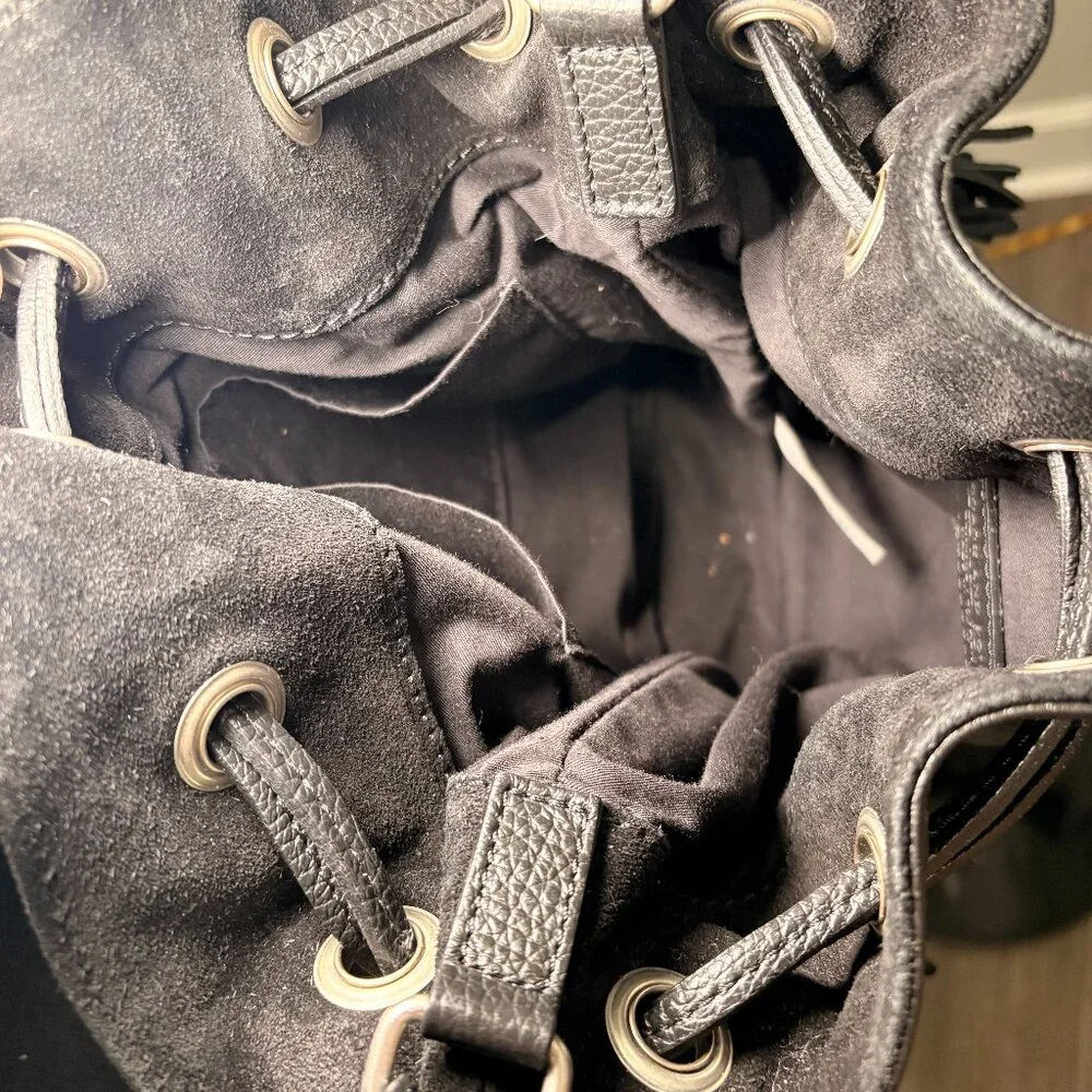 Italian 100% Leather Bucket Bag with Suede Fringe Tassels, Black - Picture 10 of 13